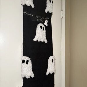 VIRAL RARE Rachel Zoe Black with White Halloween Ghosts & Tassels Throw Blanket